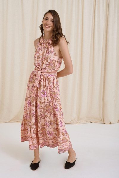 Φόρεμα maxi εμπριμέ με βολάν και δέσιμο στο λαίμο ροζ
