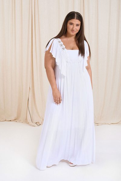 Φόρεμα plus size με βολάν λευκό