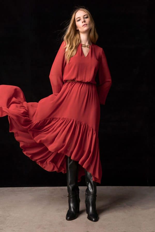 Φόρεμα ασύμμετρο με βολάν κόκκινο