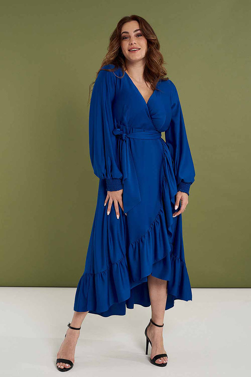 Φόρεμα κρουαζέ plus size με σατινέ υφή μπλε